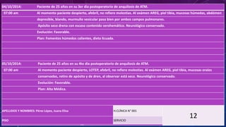 04/10/2014: Paciente de 25 años en su 3er dia postoperatorio de anquilosis de ATM.
07:00 am Al momento paciente despierto, afebril, no refiere molestias. Al exámen AREG, piel tibia, mucosas húmedas, abdómen
depresible, blando, murmullo vesicular pasa bien por ambos campos pulmonares.
Apósito seco drena con escaso contenido serohemático. Neurológico conservado.
Evolución: Favorable.
Plan: Fomentos húmedos calientes, dieta licuada.
05/10/2014: Paciente de 25 años en su 4to dia postoperatorio de anquilosis de ATM.
07:00 am Al momento paciente despierto, LOTEP, afebril, no refiere molestias. Al exámen AREG, piel tibia, mucosas orales
conservadas, retiro de apósito y de dren, al observar está seco. Neurológico conservado.
Evolución: Favorable.
Plan: Alta Médica.
APELLIDOS Y NOMBRES: Pérez López, Juana Elisa H.CLÍNICA N° 001
12PISO SERVICIO
EVOLUCIÓN
 