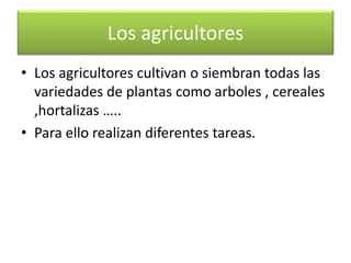 Los agricultores
• Los agricultores cultivan o siembran todas las
variedades de plantas como arboles , cereales
,hortalizas …..
• Para ello realizan diferentes tareas.