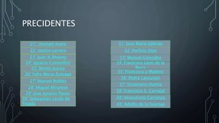 30° Sebaastian Lerdo de
Tejada
29° Jose Ignacio Pavon
28° Miguel Miramon
27° Manuel Robles
26° Felix Maria Zuluaga
25° Benito Juarez
24° Ignacio Comonfort
23° Juan N Alvarez
22° martin carrera
21° munuel maria
PRECIDENTES
31° Jose Maria Iglecias
32° Porfirio Diaz
33° Manuel Gonzalez
34° Francisco Leon de la
Barra
35° Francisco y Madero
36° Pedro Lascurain
37° Victoriano Huerta
38° Francisco S. Carvajal
39° Venustiano Carranza
40° Adolfo de la huertaa
 