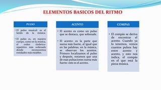 PULSO
• El pulso musical: es el
latido de la música.
• El pulso es, en nuestro
cuerpo, como en la música,
el orden tímbrico-
repetitivo más ordenado
donde reconocemos
entidades más estables.
ACENTO
• El acento es como un pulso
que se destaca, que sobresale.
• El acento: es la parte que
suena más fuerte, al igual que
en las palabras, en la música,
se observan los acentos.
Primero localizamos el pulso
y después, notamos que una
de esas pulsaciones suena más
fuerte: este es el acento.
COMPAS
• El compás se deriva
de encontrar el
acento. Cuando ya
lo tenemos, vemos
cuantos pulsos hay
entre acento y
acento, y esto nos
indica, el compás
en el que está la
pieza música.
 