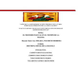 “AÑO DE LA DIVERSIFICACIÓN PRODUCTIVA Y DEL
FORTALECIMIENTO DE LA EDUCACIÓN"
“FACULTAD DE CIENCIAS CONTABLES FINANCIERASY
ADMINISTRATIVAS”
Docente Tutor: Lic. EDGAR A. MAURICIO HERRERA
CURSO:
DOCTRINA SOCIAL DE LA IGLESIA I
TEMA:
EL MISTERIO PASCUAL EN EL TIEMPO DE LA
IGLESIA
INTEGRANTES:
CARMEN FARFÁN ELSA OLINDA
CORDOVA NOLE MARELYN LISSET
VERA VALDEZ DIANA MARILY
VILLAREYES CASTRO CARLOS SMITH
 