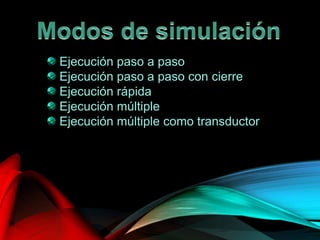 Ejecución paso a paso
Ejecución paso a paso con cierre
Ejecución rápida
Ejecución múltiple
Ejecución múltiple como transductor
 