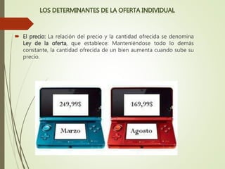  El precio: La relación del precio y la cantidad ofrecida se denomina
Ley de la oferta, que establece: Manteniéndose todo lo demás
constante, la cantidad ofrecida de un bien aumenta cuando sube su
precio.
 