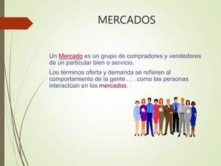 MERCADOS
Un Mercado es un grupo de compradores y vendedores
de un particular bien o servicio.
Los términos oferta y demanda se refieren al
comportamiento de la gente . . . como las personas
interactúan en los mercados.
 