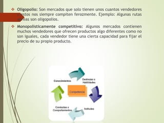  Oligopolio: Son mercados que solo tienen unos cuantos vendedores
y estos nos siempre compiten ferozmente. Ejemplo: Algunas rutas
aéreas son oligopolios.
 Monopolísticamente competitivo: Algunos mercados contienen
muchos vendedores que ofrecen productos algo diferentes como no
son iguales, cada vendedor tiene una cierta capacidad para fijar el
precio de su propio producto.
 