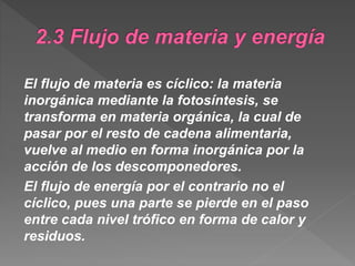 El flujo de materia es cíclico: la materia
inorgánica mediante la fotosíntesis, se
transforma en materia orgánica, la cual de
pasar por el resto de cadena alimentaria,
vuelve al medio en forma inorgánica por la
acción de los descomponedores.
El flujo de energía por el contrario no el
cíclico, pues una parte se pierde en el paso
entre cada nivel trófico en forma de calor y
residuos.
 
