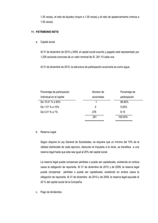 1.25 veces), el ratio de liquidez (mayor a 1.00 veces) y el ratio de apalancamiento (menos a
1.50 veces)
11. PATRIMONIO NETO
a. Capital social
Al 31 de diciembre de 2010 y 2009, el capital social suscrito y pagado está representado por
1,200 acciones comunes de un valor nominal de S/. 261.10 cada una.
Al 31 de diciembre de 2010, la estructura de participación accionaria es como sigue:
Porcentaje de participación Número de Porcentaje de
Individual en el capital accionistas participación
De 10.01 % a 90% 1 86.80%
De 1.01 % a 10% 4 5.05%
De 0.01 % a 1% 276 8.15
281 100.00%
b. Reserva Legal
Según dispone la Ley General de Sociedades, se requiere que un mínimo del 10% de la
utilidad distribuible de cada ejercicio, deducido el impuesto a la renta, se transfiera a una
reserva legal hasta que esta sea igual al 20% del capital social.
La reserva legal puede compensar pérdidas o puede ser capitalizada, existiendo en ambos
casos la obligación de reponerla. Al 31 de diciembre de 2010 y de 2009, la reserva legal
puede compensar pérdidas o puede ser capitalizada, existiendo en ambos casos la
obligación de reponerla. Al 31 de diciembre de 2010 y de 2009, la reserva legal equivale al
20 % del capital social de la Compañía.
c. Pago de dividendos
 
