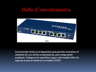 Concentrador (hub) es el dispositivo que permite centralizar el
cableado de una red de computadoras, para luego poder
ampliarla.Trabaja en la capa física (capa 1) del modelo OSI o la
capa de acceso al medio en el modeloTCP/IP.
Hubs (Concentradores)
 