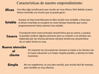 Características de nuestro emprendimiento
Eficaz Una idea algo sencilla pero que resulta ser muy eficaz y fácil debido al poco
dinero invertido y lo mucho que se puede ganar.
Estable
Aunque se haya invertido poco la idea resulta muy rentable, y hace que
el dinero invertido se recupere en corto tiempo haciendo que crezca
progresivamente hasta volverse mas estable.
Casero
El producto tiene como principal característica que es casero, y aunque
se puedan acelerar algunos procesos para su creación y no siempre sea
elaborado por las mismas personas siempre tendrá esa característica
de un sabor hecho en casa.
Buena atención
al
cliente
Sin importar las circunstancias siempre se tratan a los clientes con
la mayor educación y el mayor respeto posible, y atentos en todo
momento.
Simple No nos engañemos, es una idea sencilla, que resulta fácil de manejar,
pero también es muy efectiva.
 