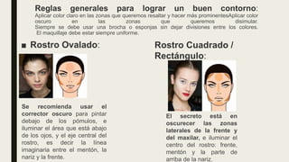 Reglas generales para lograr un buen contorno:
Aplicar color claro en las zonas que queremos resaltar y hacer más prominentesAplicar color
oscuro en las zonas que queremos disimular.
Siempre se debe usar una brocha o esponjas sin dejar divisiones entre los colores.
El maquillaje debe estar siempre uniforme.
■ Rostro Ovalado:
Se recomienda usar el
corrector oscuro para pintar
debajo de los pómulos, e
iluminar el área que está abajo
de los ojos, y el eje central del
rostro, es decir la línea
imaginaria entre el mentón, la
nariz y la frente.
Rostro Cuadrado /
Rectángulo:
El secreto está en
oscurecer las zonas
laterales de la frente y
del maxilar, e iluminar el
centro del rostro: frente,
mentón y la parte de
arriba de la nariz.
 