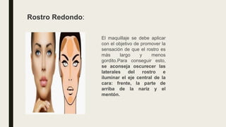Rostro Redondo:
El maquillaje se debe aplicar
con el objetivo de promover la
sensación de que el rostro es
más largo y menos
gordito.Para conseguir esto,
se aconseja oscurecer las
laterales del rostro e
iluminar el eje central de la
cara: frente, la parte de
arriba de la nariz y el
mentón.
 