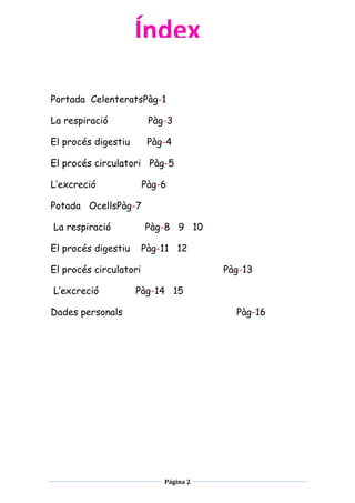 Índex
Portada CelenteratsPàg-1
La respiració

Pàg-3

El procés digestiu

Pàg-4

El procés circulatori Pàg-5
L’excreció

Pàg-6

Potada OcellsPàg-7
La respiració

Pàg-8 9 10

El procés digestiu

Pàg-11 12

El procés circulatori
L’excreció

Pàg-13

Pàg-14 15

Dades personals

Pàg-16

Página 2

 