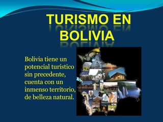 Bolivia tiene un
potencial turístico
sin precedente,
cuenta con un
inmenso territorio,
de belleza natural.
 