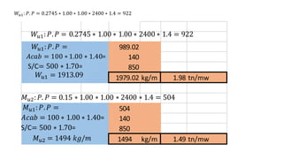 𝑊𝑢 : 𝑃. 𝑃 = 0.2745 ∗ 1.00 ∗ 1.00 ∗ 2400 ∗ 1.4 = 922
989.02
140
850
1979.02 kg/m 1.98 tn/mw
504
140
850
1494 kg/m 1.49 tn/mw
𝑊𝑢 :𝑃.𝑃 = 0.2745 ∗ 1.00 ∗ 1.00 ∗ 2400 ∗ 1.4 = 922
𝑊𝑢 :𝑃.𝑃 =
𝑊𝑢 = 191 .09
𝑐 = 100 ∗ 1.00 ∗ 1.40=
S/C= 500 ∗ 1.70=
𝑢2:𝑃. 𝑃 = 0.15 ∗ 1.00 ∗ 1.00 ∗ 2400 ∗ 1.4 = 504
𝑐 = 100 ∗ 1.00 ∗ 1.40=
𝑢 :𝑃.𝑃 =
S/C= 500 ∗ 1.70=
𝑢2 = 1494 𝑚
 