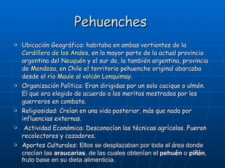 Pehuenches  Ubicación Geográfica: habitaba en ambas vertientes de la  Cordillera de los Andes , en la mayor parte de la actual provincia argentina del  Neuquén  y el sur de, la también argentina, provincia de  Mendoza , en Chile el territorio pehuenche original abarcaba desde el  río Maule  al  volcán Lonquimay .  Organización Política: Eran dirigidas por un solo cacique o ulmén. El que era elegido de acuerdo a los meritos mostrados por los guerreros en combate. Religiosidad:  Creían en una vida posterior, más que nada por influencias externas. Actividad Económica:  Desconocían las técnicas agrícolas. Fueron recolectores y cazadores. Aportes Culturales:  Ellos se desplazaban por toda el  á rea donde crec í an las  araucarias , de las cuales obten í an el  pehu é n  o  pi ñó n , fruto base en su dieta alimenticia.  