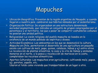 Mapuches Ubicación Geográfica: Provenían de la región argentina de Neuquén, y cuando llegaron a nuestro país, cambiaron sus hábitos nómades por el sedentarismo.  Organización Política: Se organizaban en una estructura denominada sociedad segmentada, que indicaba un conjunto de grupos congregados por el parentesco y el territorio, los que a pesar de compartir costumbres comunes no poseían una unidad política.  Religiosidad: La visión religiosa del pueblo mapuche se basaba en la existencia de un mundo poblado de espíritus y dioses.  Actividad Económica: Los ambientes en los que se desenvolvió la cultura Mapuche en Chile, permitieron el desarrollo de una agricultura en pequeña escala con cultivos de maíz, papa, quinoa, calabaza, habas y ají entre otros. La recolección de plantas silvestres, la caza y la cría de llamas y animales menores en el norte, y la pesca y recolección de mariscos en la costa, completaban los recursos alimenticios. Aportes Culturales: Los mapuches eran agricultores, cultivando maíz, papas, aji, porotos, zapallo, etc. Usaron el toldo como vivienda que transportaban de un lugar a otro. 
