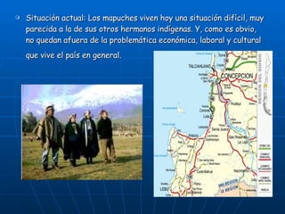 Situación actual: Los mapuches viven hoy una situación difícil, muy parecida a la de sus otros hermanos indígenas. Y, como es obvio, no quedan afuera de la problemática económica, laboral y cultural que vive el país en general.   
