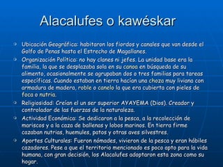 Alacalufes o kawéskar  Ubicación Geográfica: habitaron los fiordos y canales que van desde el Golfo de Penas hasta el Estrecho de Magallanes.  Organización Política: no hay clanes ni jefes. La unidad base era la familia, la que se desplazaba sola en su  canoa  en búsqueda de su alimento, ocasionalmente se agrupaban dos o tres familias para tareas específicas. Cuando estaban en tierra hacían una  choza  muy liviana con armadura de madera,  roble  o  canelo  la que era cubierta con pieles de  foca  o  nutria . Religiosidad: Creían el un ser superior AYAYEMA (Dios). Creador y controlador de las fuerzas de la naturaleza. Actividad Económica:  Se dedicaron a la pesca, a la recolección de mariscos y a la caza de ballenas y lobos marinos. En tierra firme cazaban nutrias, huemules, patos y otras aves silvestres. Aportes Culturales:  Fueron nómades, vivieron de la pesca y eran hábiles cazadores. Pese a que el territorio mencionado es poco apto para la vida humana, con gran decisión, los Alacalufes adoptaron esta zona como su hogar. 