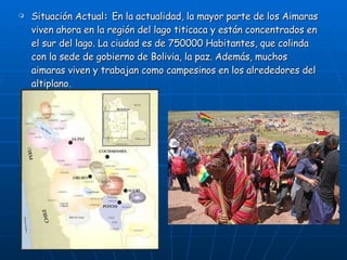 Situación Actual :  En la actualidad, la mayor parte de los Aimaras viven ahora en la región del lago titicaca y están concentrados en el sur del lago. La ciudad es de 750000 Habitantes, que colinda con la sede de gobierno de Bolivia, la paz. Además, muchos aimaras viven y trabajan como campesinos en los alrededores del altiplano. 