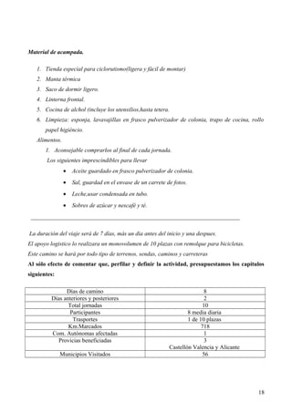 Material de acampada.
1. Tienda especial para ciclorutismo(ligera y fácil de montar)
2. Manta térmica
3. Saco de dormir ligero.
4. Linterna frontal.
5. Cocina de alchol (incluye los utensilios,hasta tetera.
6. Limpieza: esponja, lavavajillas en frasco pulverizador de colonia, trapo de cocina, rollo
papel higiéncio.
Alimentos.
1. Aconsejable comprarlos al final de cada jornada.
Los siguientes imprescindibles para llevar
• Aceite guardado en frasco pulverizador de colonia.
• Sal, guardad en el envase de un carrete de fotos.
• Leche,usar condensada en tubo.
• Sobres de azúcar y nescafé y té.
La duración del viaje será de 7 días, más un dia antes del inicio y una despues.
El apoyo logistico lo realizara un monovolumen de 10 plazas con remolque para bicicletas.
Este camino se hará por todo tipo de terrenos, sendas, caminos y carreteras
Al sólo efecto de comentar que, perfilar y definir la actividad, presupuestamos los capítulos
siguientes:
Días de camino 8
Días anteriores y posteriores 2
Total jornadas 10
Participantes 8 media diaria
Trasportes 1 de 10 plazas
Km.Marcados 718
Com. Autónomas afectadas 1
Provicias beneficiadas 3
Castellón Valencia y Alicante
Municipios Visitados 56
18
 