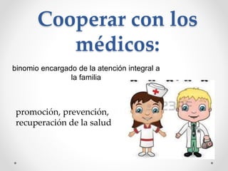 Cooperar con los
médicos:
binomio encargado de la atención integral a
la familia
promoción, prevención,
recuperación de la salud
 