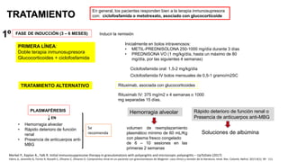 TRATAMIENTO
FASE DE INDUCCIÓN (3 – 6 MESES) Inducir la remisión
En general, los pacientes responden bien a la terapia inmunosupresora
con: ciclofosfamida o metotrexato, asociado con glucocorticoide
PRIMERA LÍNEA:
Doble terapia inmunosupresora
Glucocorticoides + ciclofosfamida
Inicialmente en bolos intravenosos:
• METIL-PREDNISOLONA 250-1000 mg/día durante 3 días
• PREDNISONA VO (1 mg/kg/día, hasta un máximo de 80
mg/día, por las siguientes 4 semanas)
Ciclofosfamida oral: 1,5-2 mg/kg/día
Ciclofosfamida IV bolos mensuales de 0,5-1 gramo/m2SC
TRATAMIENTO ALTERNATIVO Rituximab, asociada con glucocorticoides
Rituximab IV: 375 mg/m2 x 4 semanas o 1000
mg separadas 15 días.
PLASMAFÉRESIS
• Hemorragia alveolar
• Rápido deterioro de función
renal
• Presencia de anticuerpos anti-
MBG
volumen de reemplazamiento
plasmático mínimo de 60 mL/Kg
con plasma fresco congelado
de 6 – 10 sesiones en las
primeras 2 semanas
1º
EN
Soluciones de albúmina
Hemorragia alveolar Rápido deterioro de función renal o
Presencia de anticuerpos anti-MBG
Se
recomienda
Merkel P., Kaplan A., Falk R. Initial immunosuppressive therapy in granulomatosis with polyangiitis and microscopic polyangiitis – UpToDate (2017)
Fabris JL, Jaramillo G, Torres R, Rosselli C, Olivares C, Olivares O. Compromiso renal en un paciente con granulomatosis de Wegener: caso clínico y revisión de la literatura. renal. Rev. Colomb. Nefrol. 2017;4(1): 99 - 111
 