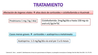 Afectación de órganos vitales  altas dosis de corticoides + ciclofosfamida o rituximab
Casos menos graves  corticoides + azatioprina o metotrexato
Prednisona 1 mg / kg / día) Ciclofosfamida: 2mg/kg/día a hasta 150 mg vía
oral o 0,7gr/m2SC
Azatioprina: 1-2 mg/kg/día vía oral por 3 a 6 meses
Cisternas M., Soto L., Jacobelli S. Manifestaciones clínicas de la granulomatosis de Wegener y la poliangeítis microscópica en Santiago-Chile Rev Méd Chile 2005; 133: 273-278
 