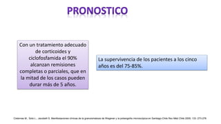 Con un tratamiento adecuado
de corticoides y
ciclofosfamida el 90%
alcanzan remisiones
completas o parciales, que en
la mitad de los casos pueden
durar más de 5 años.
La supervivencia de los pacientes a los cinco
años es del 75-85%.
Cisternas M., Soto L., Jacobelli S. Manifestaciones clínicas de la granulomatosis de Wegener y la poliangeítis microscópica en Santiago-Chile Rev Méd Chile 2005; 133: 273-278
 
