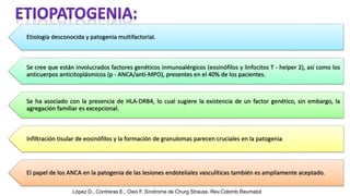 Etiología desconocida y patogenia multifactorial.
Se cree que están involucrados factores genéticos inmunoalérgicos (eosinófilos y linfocitos T - helper 2), así como los
anticuerpos anticitoplásmicos (p - ANCA/anti-MPO), presentes en el 40% de los pacientes.
Se ha asociado con la presencia de HLA-DRB4, lo cual sugiere la existencia de un factor genético, sin embargo, la
agregación familiar es excepcional.
Infiltración tisular de eosinófilos y la formación de granulomas parecen cruciales en la patogenia
El papel de los ANCA en la patogenia de las lesiones endoteliales vasculíticas también es ampliamente aceptado.
López D., Contreras E., Osio F. Síndrome de Churg Strauss. Rev.Colomb.Reumatol
 