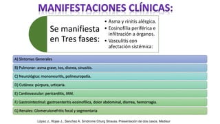 A) Síntomas Generales
B) Pulmonar: asma grave, tos, disnea, sinusitis.
C) Neurológica: mononeuritis, polineuropatía.
D) Cutánea: púrpura, urticaria.
E) Cardiovascular: pericarditis, IAM.
F) Gastrointestinal: gastroenteritis eosinofílica, dolor abdominal, diarrea, hemorragia.
G) Renales: Glomerulonefrítis focal y segmentaria
López J., Rojas J., Sanchez A. Síndrome Churg Strauss. Presentación de dos casos. Medisur
Se manifiesta
en Tres fases:
• Asma y rinitis alérgica.
• Eosinofilia periférica e
infiltración a órganos.
• Vasculitis con
afectación sistémica:
 