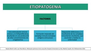 FACTORES
Una estimulación inmune
crónica y /o linfoproliferativa,
resultando en una producción
de altas concentraciones de
crioglobulinas
Formación mejorada del
complejo inmune (complejo
antígeno-anticuerpo)
Depuración defectuosa y / o
insuficiente de los complejos
inmunitarios resultantes, que
acumulan y median la
enfermedad
Natalia Martín-Suñé, Juan Ríos-Blanco. Afectación pulmonar de las vasculitis.Hospital Universitario La Paz, Madrid, España. Vol. 48.Noviembre 2016.
 