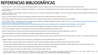 REFERENCIAS BIBLIOGRÁFICAS
- Kubaisi B, Abu Samra K, Foster CS. Granulomatosis with polyangiitis (Wegener's disease): An updated review of ocular disease manifestations. Intractable Rare Dis Res 2016;5:61-69
- Lannella G, Greco A, Granata G, Manno A, Pasquariello B, Angeletti D, et al. Granulomatosis with polyangiitis and facial palsy: Literature review and insight in the autoimmune pathogenesis. Autoimmun Rev.
2016 Jul;15(7):621-31.
- Vargas JLF, Jaramillo G, Torres R, Rosselli C, Olivares O. Compromiso renal en un paciente con granulomatosis de Wegener: caso clínico y revisión de la literatura. Revista Colombiana de Nefrología. 20 de
febrero de 2017;4(1):99-111-111.
- Xiao H, Hu P, Falk RJ, Jennette JC. Overview of the Pathogenesis of ANCA-Associated Vasculitis. Kidney Dis (Basel). marzo de 2016;1(4):205-15.
- KASPER, FAUCI, LONGO, HAUSER: “Harrison; principios de medicina interna”, síndromes vasculíticos, 19va ed., McGraw-Hill edit., México, págs.2181-2185 (2015)
- FALK, R, MERKEL, P, KING, T: “Manifestaciones clínicas y diagnóstico de granulomatosis con poliangitis y poliangitis microscópica”, (2016), en línea: https://www.uptodate.com/contents/clinical-manifestations-
and-diagnosis-of-granulomatosis-with-polyangiitis-and-microscopic-
polyangiitis?search=manifestaciones%20clinicas%20granulomatosis%20de%20wegener&source=search_result&selectedTitle=1~150&usage_type=default&display_rank=1#H11699923
- Cisternas M., Soto L., Jacobelli S. Manifestaciones clínicas de la granulomatosis de Wegener y la poliangeítis microscópica en Santiago-Chile Rev Méd Chile 2005; 133: 273-278
- Greco A, et al, Goodpasture's syndrome: A clinical update, Autoimmun Rev (2014), http://dx.doi.org/10.1016/ j.autrev.2014.11.006
- Stephen P. McAdoo, Charles D. Pusey. (Julio 2017). Anti-Glomerular Basement Membrane Disease. Clinical Journal American Society of Nephrology, 12, 1162-1172
- Charles Pusey y Raghu Kalluri. Tratetment and prognosis of anti-GBM antibody (Goodpasture's) disease. Rev UpToDate. 2018
- Natalia Martín-Suñé, Juan José Ríos-Blanco. Afectación pulmonar de las vasculitis. Servicio de Medicina Interna, Hospital Universitario La Paz, Madrid, España. Vol. 48. Núm. 11. Noviembre 2012. páginas 389-
430.
- Delgado M. Villagómez A. Síndrome pulmón riñón, reporte de caso. Hospital Regional 1o de Octubre ISSSTE. Med Crit 2017;31(3):164-170.
- Macías Fernández I. Púrpura de Schönlein-Henoch: a propósito de un caso. Sección de Reumatología, Hospital Universitario, Puerta del Mar, Cádiz, España. marzo 2009
- Enfermedad de Behçet,William Castillo González I, Javier González-Argote I, Jorge Hernández Estévez, Sociedad Cubana de Reumatología , Hospital Dr. Miguel Enríquez. Volumen XVI Número 3, 2014.
- Criteria for diagnosis of Behçet's disease. International Study Group for Behçet disease. Lancet 1990; 335: 1078-1080
- Kaklamani VG, Vaiopoulos G, Kaklamanis PG. Behcet's disease. Semin Arthritis Rheum 1998; 27: 197-217
- Pila Perez Rafael Victor, Pila Peláez Rafael Ulises, Rosales Torres Pedro, Artola Gonzalez Javier Alberto. Enfermedad de Behcet: presentación de un caso. AMC [Internet]. 2014 Feb
[citado 2018 Oct 23]; 18( 1 ): 134-145. Disponible en: http://scielo.sld.cu/scielo.php?script=sci_arttext&pid=S1025-02552014000100014&lng=es
 