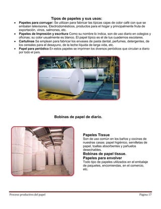 Tipos de papeles y sus usos:
       Papeles para corrugar: Se utilizan para fabricar las típicas cajas de color café con que se
       embalan televisores, Electrodomésticos, productos para el hogar y principalmente fruta de
       exportación, vinos, salmones, etc.
       Papeles de Impresión y escritura Como su nombre lo indica, son de uso diario en colegios y
       oficinas; su color usualmente es blanco. El papel típico es el de tus cuadernos escolares.
       Cartulinas Se emplean para fabricar los envases de pasta dental, perfumes, detergentes, de
       los cereales para el desayuno, de la leche líquida de larga vida, etc.
       Papel para periódico En estos papeles se imprimen los diversos periódicos que circulan a diario
       por todo el país.




                                Bobinas de papel de diario.



                                                     Papeles Tissue
                                                     Son de uso común en los baños y cocinas de
                                                     nuestras casas: papel higiénico, servilletas de
                                                     papel, toallas absorbentes y pañuelos
                                                     desechables.
                                                     Bobinas de papel tissue.
                                                     Papeles para envolver
                                                     Todo tipo de papeles utilizados en el embalaje
                                                     de paquetes, encomiendas, en el comercio,
                                                     etc.




Proceso productivo del papel                                                                  Página 17
 