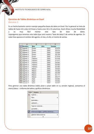 INSTITUTO TECNOLOGICO DE CERRO AZUL
107
Ejercicios de Tablas dinámicas en Excel
Ejercicio 1:
Es un hecho bastante común manejar pequeñas bases de datos en Excel. Por lo general se trata de
tablas de hasta mil o dos mil líneas y hasta unas 10 o 15 columnas. Excel ofrece mucha flexibilidad
y es muy fácil montar este tipo de base de datos.
Supongamos que tenemos esta tabla (que será nuestra "base de datos") de ventas de agentes. En
cada línea aparece el nombre del agente, el mes, el año, el monto de ventas
Para generar una tabla dinámica (tabla pívot o pívot table en su versión inglesa), activamos el
menú Datos--->Informe de tablas y gráficos dinámicos
 