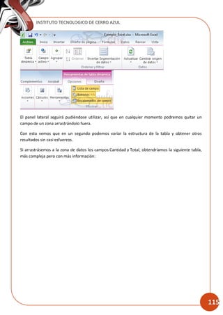 INSTITUTO TECNOLOGICO DE CERRO AZUL
115
El panel lateral seguirá pudiéndose utilizar, así que en cualquier momento podremos quitar un
campo de un zona arrastrándolo fuera.
Con esto vemos que en un segundo podemos variar la estructura de la tabla y obtener otros
resultados sin casi esfuerzos.
Si arrastrásemos a la zona de datos los campos Cantidad y Total, obtendríamos la siguiente tabla,
más compleja pero con más información:
 