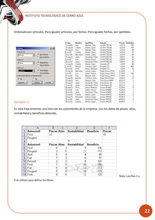 INSTITUTO TECNOLOGICO DE CERRO AZUL
22
Ordenado por artículos. Para iguales artículos, por fechas. Para iguales fechas, por apellidos.
Ejemplo 3
En esta hoja tenemos una lista con los automóviles de la empresa, con los datos de plazas, años,
rentabilidad y beneficio obtenido.
Nota: Las filas 1 a
4 se utilizan para definir los filtros.
 