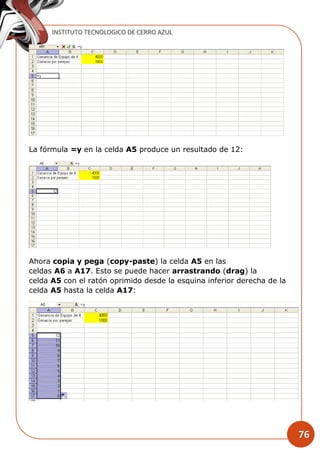 INSTITUTO TECNOLOGICO DE CERRO AZUL
76
La fórmula =y en la celda A5 produce un resultado de 12:
Ahora copia y pega (copy-paste) la celda A5 en las
celdas A6 a A17. Esto se puede hacer arrastrando (drag) la
celda A5 con el ratón oprimido desde la esquina inferior derecha de la
celda A5 hasta la celda A17:
 