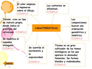 CARACTERÍSTICAS El color empieza a imponerse sobre el dibujo.  EJEMPLO Los contornos se difuminan.  EJEMPLO Las composiciones buscan una ordenación geométrica y simétrica.  EJEMPLO Tiziano es un gran cultivador de los temas mitológicos en los que aparece la desnudez femenina. De formas blandas y redondeadas.  EJEMPLO Se acentúa el movimiento y la expresividad. EJEMPLO Se modifica el esquema triangular.  EJEMPLO Tiziano, crea un tipo de retrato propio, donde indica el prestigio del retratado.  EJEMPLO ÍNDICE 