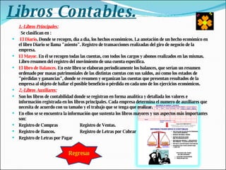Libros Contables. 1.-Libros Principales: Se clasifican en : El Diario . Donde se recogen, día a día, los hechos económicos. La anotación de un hecho económico en el libro Diario se llama "asiento". Registro de transacciones realizadas del giro de negocio de la empresa.  El Mayor.  En él se recogen todas las cuentas, con todos los cargos y abonos realizados en las mismas. Libro resumen del registro del movimiento de una cuenta especifica.  El libro de Balances.  En este libro se elaboran periodicamente los balances, que serían un resumen ordenado por masas patrimoniales de las distintas cuentas con sus saldos, así como los estados de "pérdidas y ganancias", donde se resumen y organizan las cuentas que presentan resultados de la empresa al objeto de hallar el posible beneficio o pérdida en cada uno de los ejercicios económicos.  2 .-Libros Auxiliares: Son los libros de contabilidad donde se registran en forma analítica y detallada los valores e información registrada en los libros principales. Cada empresa determina el numero de auxiliares que necesita de acuerdo con su tamaño y el trabajo que se tenga que realizar. En ellos se se encuentra la información que sustenta los libros mayores y sus aspectos más importantes son: Registro de Compras Registro de Ventas.  Registro de Bancos. Registro de Letras por Cobrar Registro de Letras por Pagar Regresar 