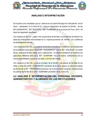 SUMA SARTAWI 6
ANÁLISIS E INTERPRETACIÓN
De acuerdo a los resultados que se observa en el cuadro 09 según los indicadores de los
ítems planteados en la ficha Nº 01, sobre el diagnostico de padres de familia de las
IEP.HUAJSAPATA, IEP.”SALCEDO Y IEP. OJHERANI de la provincia de Puno, 2014. Se
tiene los siguientes resultados:
Con respecto al ítem 01, ¿Algún niño (a) proviene de familias con problemas familiares? en
todas las instituciones mencionadas en su mayoría provienen de familias con problemas
de desintegración familia
Con respectoal ítem 02, ¿Los padres de familia se identifican y colaboran con el desarrollo
de la Institución Educativa? En las IEP. “HUAJSAPATA” y en la IEP. “SALCEDO``por parte
de los padres de familia existe poca colaboración la mayoría se dedican al comercio y la
agricultura; Mientras tanto en la IEP. “OJHERANI” hay una buena colaboración con su
buena disponibilidad y apoyo a sus hijos y normas del colegio.
Con respecto al ítem 04, ¿Cuál es el origen de la familia? Los padres de familias de los
niños y niñas de la IEP.” HUAJSAPATA provienen de la zona urbano; en tanto los padres
de familia de la IEP. “PERIFERICO provienen de la zona urbano marginal; mientras tanto
los padres de familia de la I.E.P. OJHERANI” provienen de la zona rural.
4.2 ANÁLISIS E INTERPRETACIÓN DEL PERSONAL DOCENTE,
ADMINISTRATIVO Y ALUMNADO DE LAS INSTITUCIONES.
 