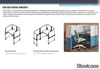 ESCRITORIO BRODY
Brody Desk es una estación de trabajo privada de alto rendimiento diseñada específicamente para los espacios intermedios en entornos
corporativos y educativos. Como espacios dedicados para trabajadores residentes en oficinas de planta abierta, espacios de contacto fuera de
salas o cubículos de estudio en áreas comunes de estudiantes ocupados, Brody Desk brinda a las personas momentos de concentración en
entornos de alto tráfico.
 
