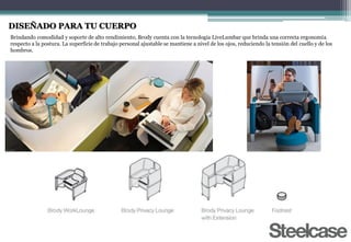 DISEÑADO PARA TU CUERPO
Brindando comodidad y soporte de alto rendimiento, Brody cuenta con la tecnología LiveLumbar que brinda una correcta ergonomía
respecto a la postura. La superficie de trabajo personal ajustable se mantiene a nivel de los ojos, reduciendo la tensión del cuello y de los
hombros.
 