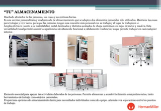 “TU” ALMACENAMIENTO
Diseñado alrededor de las personas, sus cosas y sus rutinas diarias.
Es una versión personalizada y modernizada de almacenamiento que se adapta a los elementos personales más utilizados. Mantiene las cosas
para trabajar y vivir cerca, para que las personas tengan una conexión más personal con su trabajo y el lugar de trabajo en sí.
Amplia oferta en cuanto a su materialidad, metal, laminados y distintos acabados de chapa combinan con cajas de metal y madera. Esta
versatilidad visual permite asumir las apariencias de altamente funcional a cálidamente residencial, lo que permite trabajar en casi cualquier
interior.
Elemento esencial para apoyar las actividades laborales de las personas. Permite almacenar y acceder fácilmente a sus pertenencias, tanto
herramientas de trabajo como objetos personales.
Proporciona opciones de almacenamiento tanto para necesidades individuales como de equipo. Además crea separaciones entre los puestos
de trabajo.
 