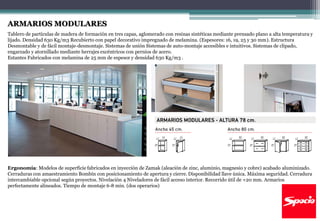 ARMARIOS MODULARES
Tablero de partículas de madera de formación en tres capas, aglomerado con resinas sintéticas mediante prensado plano a alta temperatura y
lijado. Densidad 630 Kg/m3 Recubierto con papel decorativo impregnado de melamina. (Espesores: 16, 19, 25 y 30 mm). Estructura
Desmontable y de fácil montaje-desmontaje. Sistemas de unión Sistemas de auto-montaje accesibles e intuitivos. Sistemas de clipado,
engarzado y atornillado mediante herrajes excéntricos con pernios de acero.
Estantes Fabricados con melamina de 25 mm de espesor y densidad 630 Kg/m3 .
Ergonomía: Modelos de superficie fabricados en inyección de Zamak (aleación de zinc, aluminio, magnesio y cobre) acabado aluminizado.
Cerraduras con amaestramiento Bombín con posicionamiento de apertura y cierre. Disponibilidad llave única. Máxima seguridad. Cerradura
intercambiable opcional según proyectos. Nivelación 4 Niveladores de fácil acceso interior. Recorrido útil de +20 mm. Armarios
perfectamente alineados. Tiempo de montaje 6-8 min. (dos operarios)
 