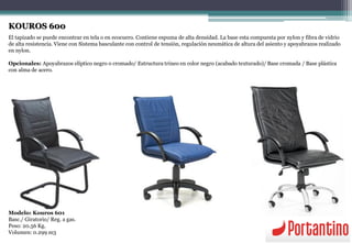 KOUROS 600
El tapizado se puede encontrar en tela o en ecocuero. Contiene espuma de alta densidad. La base esta compuesta por nylon y fibra de vidrio
de alta resistencia. Viene con Sistema basculante con control de tensión, regulación neumática de altura del asiento y apoyabrazos realizado
en nylon.
Opcionales: Apoyabrazos elíptico negro o cromado/ Estructura trineo en color negro (acabado texturado)/ Base cromada / Base plástica
con alma de acero.
Modelo: Kouros 601
Basc./ Giratorio/ Reg. a gas.
Peso: 20.56 Kg.
Volumen: 0.299 m3
 