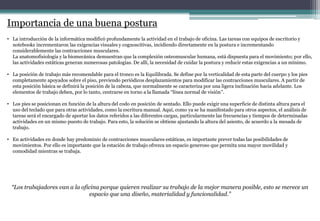 Importancia de una buena postura
• La introducción de la informática modificó profundamente la actividad en el trabajo de oficina. Las tareas con equipos de escritorio y
notebooks incrementaron las exigencias visuales y cognoscitivas, incidiendo directamente en la postura e incrementando
considerablemente las contracciones musculares.
La anatomofisiología y la biomecánica demuestran que la complexión osteomuscular humana, está dispuesta para el movimiento; por ello,
las actividades estáticas generan numerosas patologías. De allí, la necesidad de cuidar la postura y reducir estas exigencias a un mínimo.
• La posición de trabajo más recomendable para el tronco es la Equilibrada. Se define por la verticalidad de esta parte del cuerpo y los pies
completamente apoyados sobre el piso, previendo periódicos desplazamientos para modificar las contracciones musculares. A partir de
esta posición básica se definirá la posición de la cabeza, que normalmente se caracteriza por una ligera inclinación hacia adelante. Los
elementos de trabajo deben, por lo tanto, centrarse en torno a la llamada “línea normal de visión”.
• Los pies se posicionan en función de la altura del codo en posición de sentado. Ello puede exigir una superficie de distinta altura para el
uso del teclado que para otras actividades, como la escritura manual. Aquí, como ya se ha manifestado para otros aspectos, el análisis de
tareas será el encargado de aportar los datos referidos a las diferentes cargas, particularmente las frecuencias y tiempos de determinadas
actividades en un mismo puesto de trabajo. Para esto, la solución se obtiene ajustando la altura del asiento, de acuerdo a la mesada de
trabajo.
• En actividades en donde hay predominio de contracciones musculares estáticas, es importante prever todas las posibilidades de
movimientos. Por ello es importante que la estación de trabajo ofrezca un espacio generoso que permita una mayor movilidad y
comodidad mientras se trabaja.
“Los trabajadores van a la oficina porque quieren realizar su trabajo de la mejor manera posible, esto se merece un
espacio que una diseño, materialidad y funcionalidad.”
 