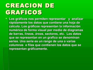 CREACION DECREACION DE
GRAFICOSGRAFICOS
 Los gráficos nos permiten representar y analizarLos gráficos nos permiten representar y analizar
rápidamente los datos que contiene una hoja derápidamente los datos que contiene una hoja de
calculo. Los gráficos representan la informacióncalculo. Los gráficos representan la información
numérica de forma visual por medio de diagramasnumérica de forma visual por medio de diagramas
de barras, líneas, áreas, sectores, etc. Los datosde barras, líneas, áreas, sectores, etc. Los datos
que se representan en un grafico se denominanque se representan en un grafico se denominan
series. Una serie es un rango de una o variasseries. Una serie es un rango de una o varias
columnas o filas que contienen los datos que secolumnas o filas que contienen los datos que se
representan gráficamente.representan gráficamente.
 