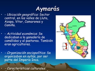 Aymarás -  Ubicación geográfica:  Sector central, en los valles de Lluta, Azapa, Vitor, Camarones y Camiña. -  Actividad económica : Se dedicaban a la ganadería de camélidos y al pastoreo. También eran agricultores. - Organización sociopolítica : Se organizaban en ayllús, por ser parte del Imperio Inca. - Características culturales:  Momificaban a sus muertos. Sus casas eran de piedra con techo de paja. Tenían su propio idioma 
