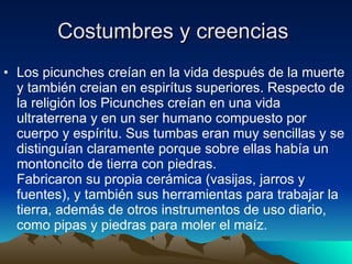 Costumbres y creencias  Los picunches creían en la vida después de la muerte y también creian en espirítus superiores. Respecto de la religión los Picunches creían en una vida ultraterrena y en un ser humano compuesto por cuerpo y espíritu. Sus tumbas eran muy sencillas y se distinguían claramente porque sobre ellas había un montoncito de tierra con piedras. Fabricaron su propia cerámica (vasijas, jarros y fuentes), y también sus herramientas para trabajar la tierra, además de otros instrumentos de uso diario, como pipas y piedras para moler el maíz.  