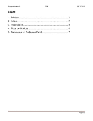 Equipo numero 1 204 13/12/2015
Página 2
ÍNDICE:
1. Portada.......................................................................................1
2. Índice..........................................................................................2
3. Introducción................................................................................3
4. Tipos de Graficas ......................................................................4
5. Como crear un Grafico en Excel ..............................................7
 